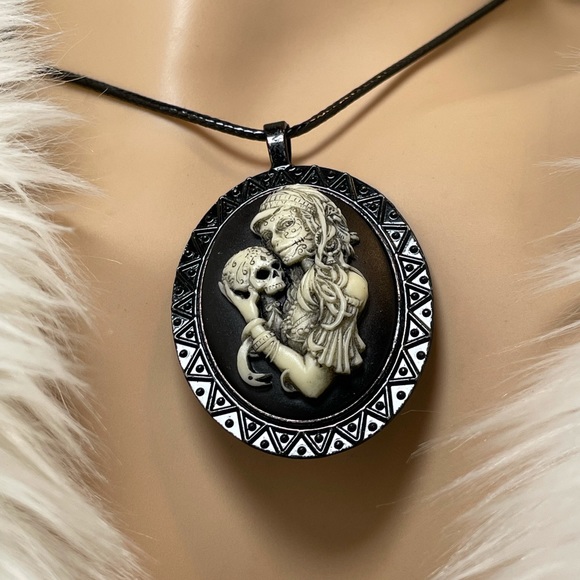 Artisan Jewelry - Sugar Skull Necklace Cameo Pendant Handmade